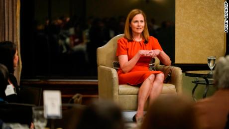 Supreme Court Associate Justice Amy Coney Barrett speaks during the Seventh Circuit Judicial Conference Monday, Aug. 28, 2023, in Lake Geneva, Wis. (AP Photo/Morry Gash)