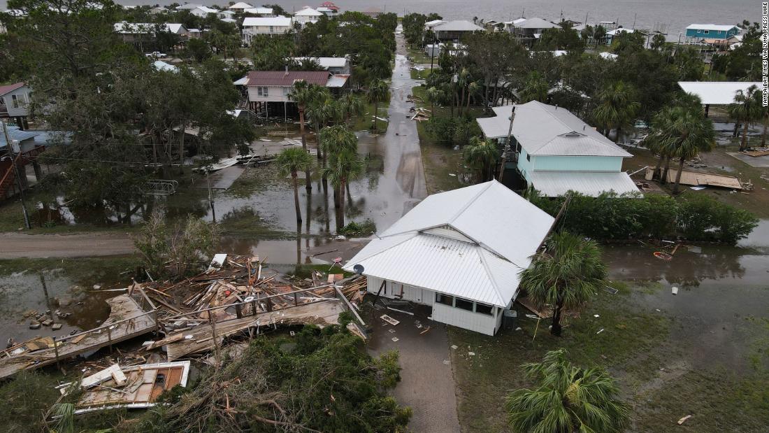 A house is seen knocked off its foundation on Wednesday, August 30, in Horseshoe Beach, Florida, in the Big Bend region where Idalia made landfall.