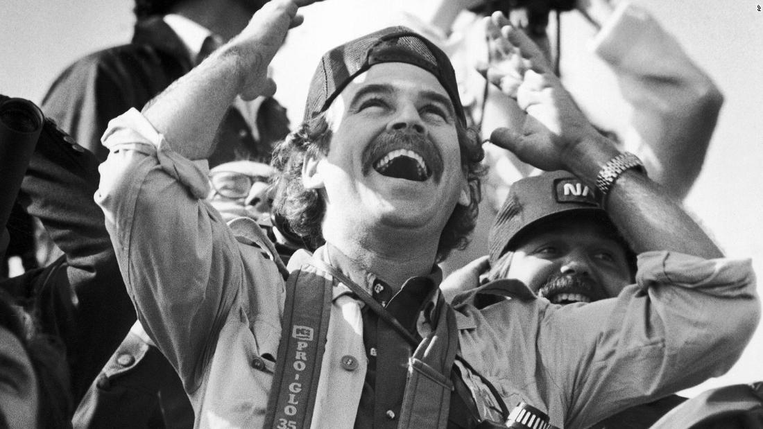 Jimmy Buffett reacts as he watches the space shuttle launch at the Kennedy Space Center in November 1981. 