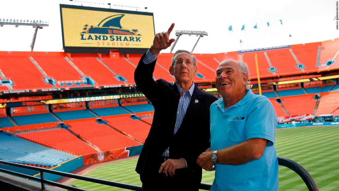 Stephen M. Ross and Buffett attend the renaming event of the Dolphins stadium in 2009.