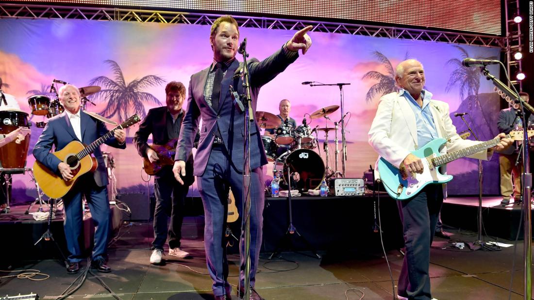 Buffett, right, performs with actor Chris Pratt at an after-party for the premiere of &quot;Jurassic World&quot; in 2015. Buffett had a small cameo and a Margaritaville restaurant was featured in the film.
