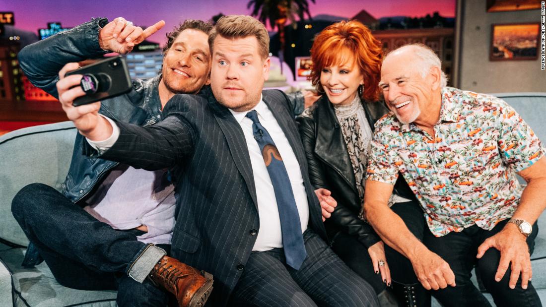 Matthew McConaughey, James Corden Reba McEntire and Jimmy Buffet pose for a selfie on &quot;The Late Late Show with James Corden&quot; in 2019. &lt;br /&gt;