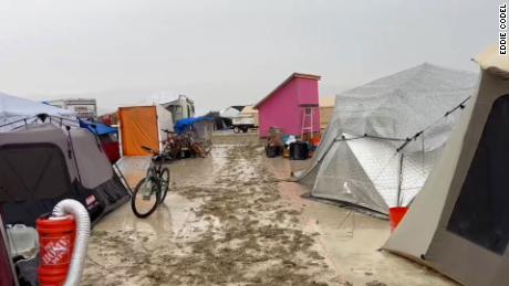 Heavy rain turns to mud at Burning Man in Black Rock Desert, Nevada, on September 2, 2023. 