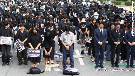 South Korean teachers rally in front of the National Assembly in Seoul on September 4.