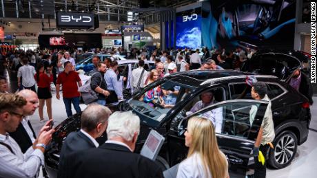 Visitors looking at BYD vehicles at the IAA Mobility 2023 international motor show on September 6 in Munich.