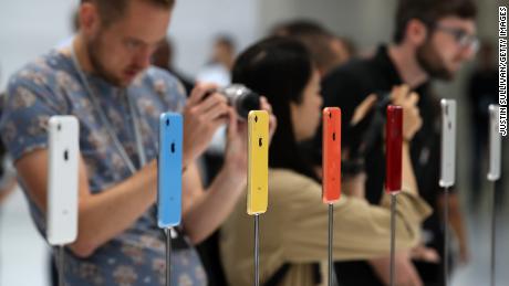 The new Apple iPhone XR is displayed during an Apple special event at the Steve Jobs Theater on September 12, 2018 in Cupertino, California.