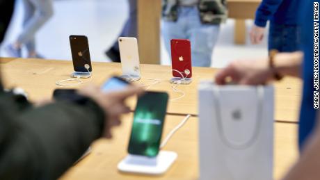 Apple iPhone SE 3 smartphones are seen during the sales launch at the company&#39;s flagship store in New York City on March 18, 2022. 