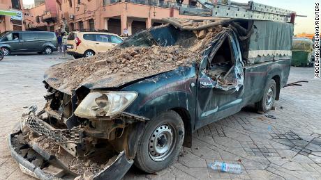 A damaged vehicle is pictured in the historic city of Marrakech on Saturday.