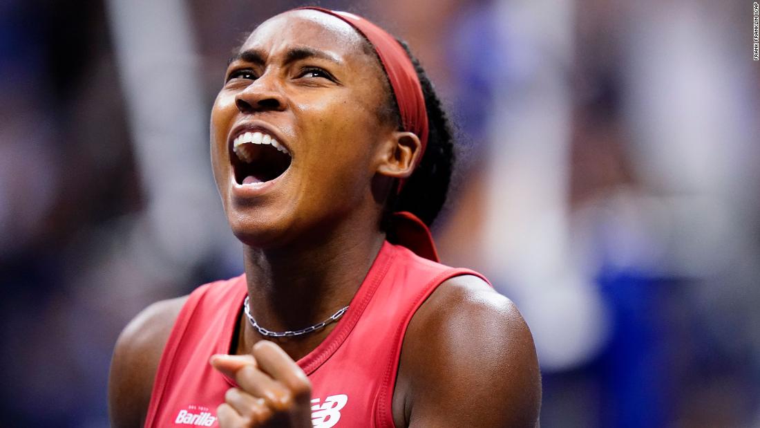 Gauff reacts after a point.