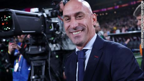 TOPSHOT - President of the Royal Spanish Football Federation Luis Rubiales (C) reacts at the end of the Australia and New Zealand 2023 Women&#39;s World Cup final football match between Spain and England at Stadium Australia in Sydney on August 20, 2023. (Photo by FRANCK FIFE / AFP) (Photo by FRANCK FIFE/AFP via Getty Images)