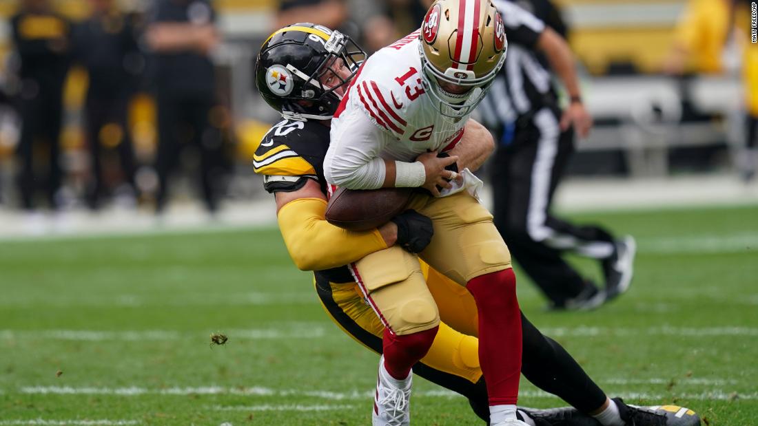 Pittsburgh Steelers linebacker T.J. Watt sacks San Francisco 49ers quarterback Brock Purdy on September 10. It was to be one of the only highlights for the home fans as the Niners won 30-7.