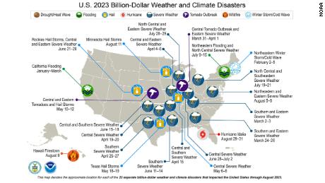 Billion-dollar weather and climate disasters through August 2023.