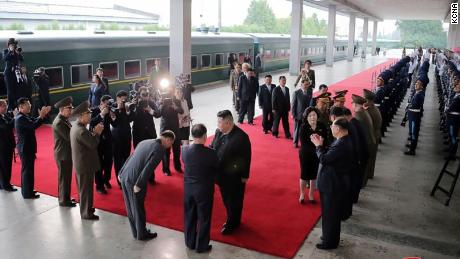The North Korean leader at a Pyongyang station before departing on his private train in this image provided by North Korean state media on September 10. 