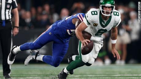 Buffalo Bills defensive end Leonard Floyd sacks Jets quarterback Aaron Rodgers during the first quarter of an NFL game at MetLife Stadium on Monday in East Rutherford, New Jersey. 
