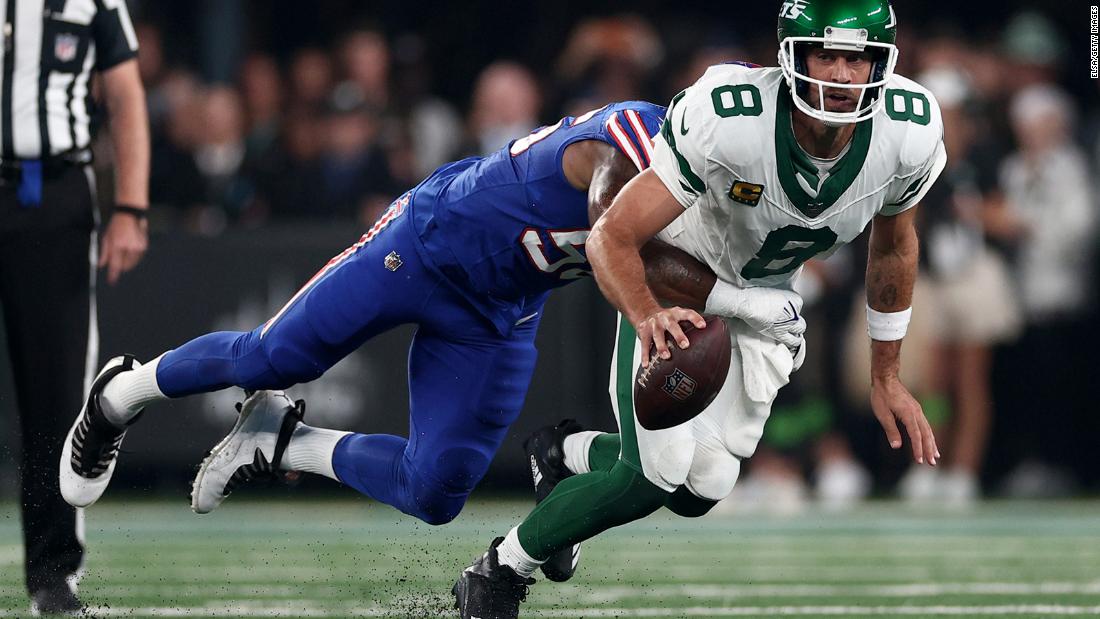 Quarterback Aaron Rodgers, making his debut with the New York Jets, is sacked by Buffalo Bills defensive end Leonard Floyd on Monday, September 11. Rodgers &lt;a href=&quot;https://www.cnn.com/2023/09/11/sport/nfl-aaron-rodgers-injury-spt-intl/index.html&quot; target=&quot;_blank&quot;&gt;suffered an ankle injury&lt;/a&gt; and was carted off the field after the play, which occurred during the team&#39;s first drive in the first quarter. Before being traded in the offseason, Rodgers had spent the first 18 seasons of his NFL career with the Green Bay Packers.