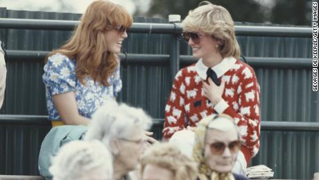 Diana, Princess of Wales (1961 - 1997) with Sarah Ferguson at the Guard&#39;s Polo Club, Windsor, June 1983. The Princess is wearing a jumper with a sheep motif from the London shop, Warm And Wonderful.  (Photo by Georges De Keerle/Getty Images)