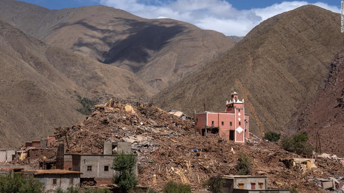 Collapsed buildings surround a mosque in Ighil, Morocco, on Thursday, September 14.