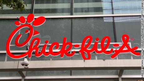 Chick Fil A logo and sign over restaurant, Manhattan, New York. (Photo by: Lindsey Nicholson/UCG/Universal Images Group via Getty Images)