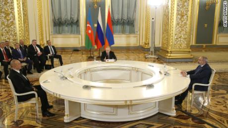 Putin held negotiations with Aliyev and Pashinyan in Moscow, Russia, in May 2023.
