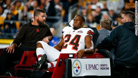 Cleveland Browns running back Nick Chubb is carted off the field after sustaining a knee injury during the second quarter against the Pittsburgh Steelers at Acrisure Stadium on September 18 in Pittsburgh.
