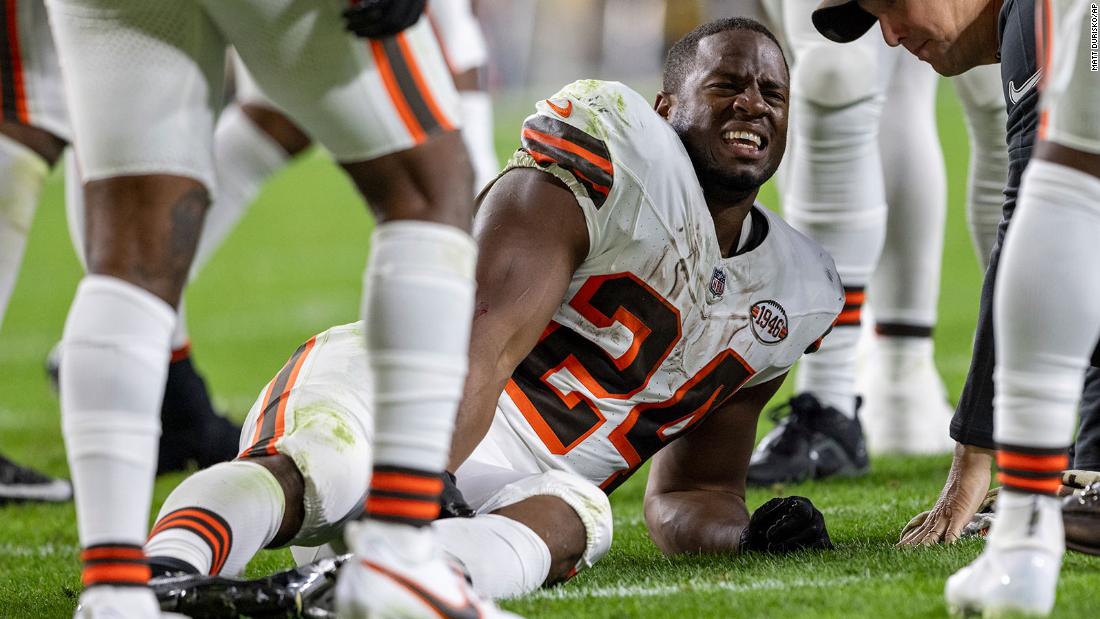 Cleveland Browns running back Nick Chubb grimaces after &lt;a href=&quot;https://www.cnn.com/2023/09/18/sport/nick-chubb-cleveland-browns-knee-injury-spt/index.html&quot; target=&quot;_blank&quot;&gt;suffering a knee injury&lt;/a&gt; in a Monday Night Football game against the Pittsburgh Steelers on September 18. He was carted off the field in the second quarter. Before leaving the game, the star running back had 10 carries for 64 yards.