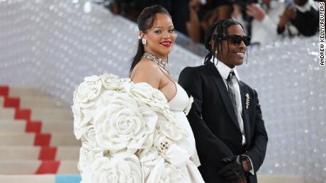 Rihanna and ASAP Rocky pose at the Met Gala, an annual fundraising gala held for the benefit of the Metropolitan Museum of Art&#39;s Costume Institute with this year&#39;s theme &quot;Karl Lagerfeld: A Line of Beauty&quot;, in New York City, New York, on May 1, 2023. 