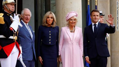 French President Emmanuel Macron and his wife, Brigitte, welcome Britain&#39;s King Charles and Queen Camilla on the first day of their state visit to France Wednesday.
