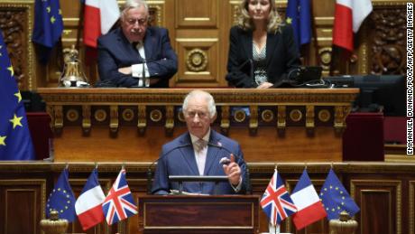 Britain&#39;s King Charles addresses the French Senate in Paris on September 21, 2023. 