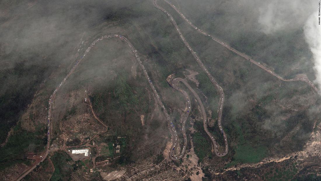 This satellite image shows a traffic jam  along the Lachin corridor as ethnic Armenians flee Nagorno-Karabakh on September 26. The Lachin corridor is the one road connecting the landlocked enclave to Armenia. The road was only recently opened to allow residents to flee.