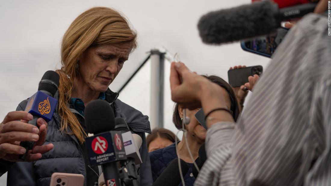 Samantha Power, the administrator of the US Agency for International Development, speaks to the press after visiting the humanitarian hub in Kornidzor on September 26. Power said many of those who had arrived &lt;a href=&quot;https://www.cnn.com/2023/09/26/europe/us-envoy-support-nagorno-karabakh-intl/index.html&quot; target=&quot;_blank&quot;&gt;were suffering from &quot;severe malnutrition,&quot;&lt;/a&gt; according to doctors at the scene. &quot;It is absolutely critical that independent monitors as well as humanitarian organizations get access to the people in Nagorno-Karabakh who still have dire needs,&quot; she said.