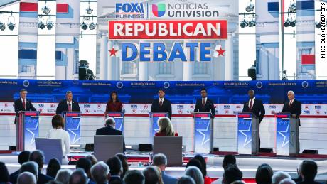 GOP candidates attend the second primary debate at the Ronald Reagan Presidential Library in Simi Valley, California, on September 27, 2023.