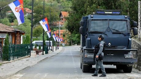 Heavy police forces and armored vehicles present in the village of Banjska in Kosovo.