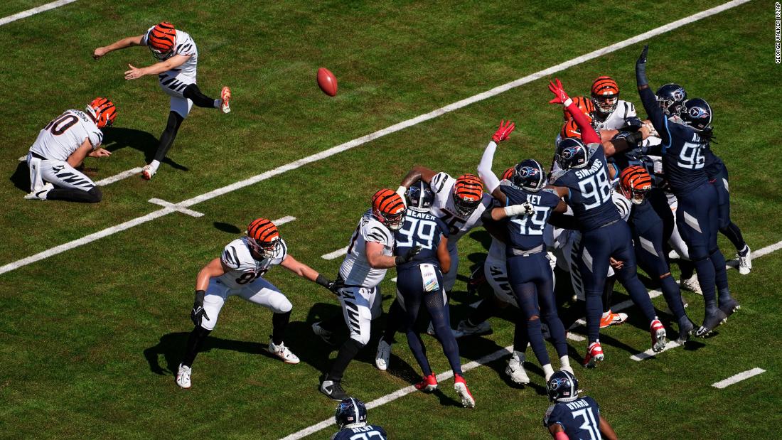 Cincinnati Bengals&#39; Evan McPherson kicks a field goal during a game against the Tennesee Titans on October 1. McPherson was Cincinnati&#39;s only player to put points on the board during their 27-3 loss.
