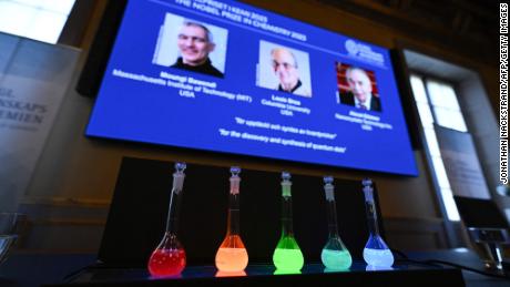 Laboratory flasks are used for explanation during the announcement of the winners of the 2023 Nobel Prize in chemistry at Royal Swedish Academy of Sciences in Stockholm on October 4, 2023. 