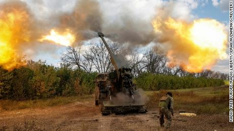 A Ukrainian serviceman fires a 2S22 Bohdana self-propelled howitzer towards Russian troops at a position in the Donetsk region of Ukraine on September 13.