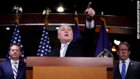 House Majority Leader Steve Scalise calls on reporters during a news conference following a GOP caucus meeting at the U.S. Capitol on January 10, 2023 in Washington, DC. 