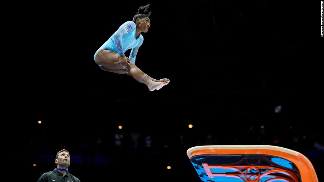 Biles lands a Yurchenko double pike vault — a high-difficulty skill historically only done by men — while qualifying for the women&#39;s all-around competition at the World Artistic Gymnastics Championships in October 2023. It was &lt;a href=&quot;https://www.cnn.com/2023/10/01/sport/simone-biles-world-gymnastics-championships-qualifying-spt-intl/index.html&quot; target=&quot;_blank&quot;&gt;the first time a woman landed the move in an international competition&lt;/a&gt;.