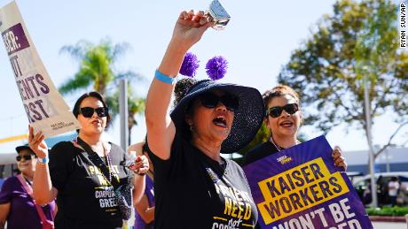 Kaiser Permanent workers picket Thursday, Oct. 5, 2023, in Baldwin Park, California. 