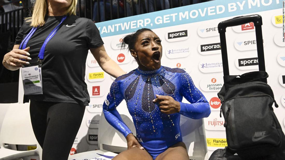 Biles celebrates after winning the individual all-around at the World Artistic Gymnastics Championships in October 2023. &lt;a href=&quot;https://www.cnn.com/2023/10/06/sport/simone-biles-history-world-championships-spt-intl/index.html&quot; target=&quot;_blank&quot;&gt;By winning gold&lt;/a&gt;, she became the most decorated female or male gymnast ever, surpassing Belarusian Vitaly Scherbo&#39;s record of 33 overall medals across both the Olympics and the world championships.
