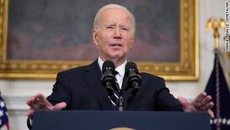 President Joe Biden speaks in the State Dining Room of the White House, October 7, 2023, in Washington.