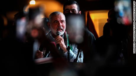 Hamas&#39; political bureau chief Ismail Haniyeh speaks during a rally in Qatar&#39;s capital Doha, in May 2021.