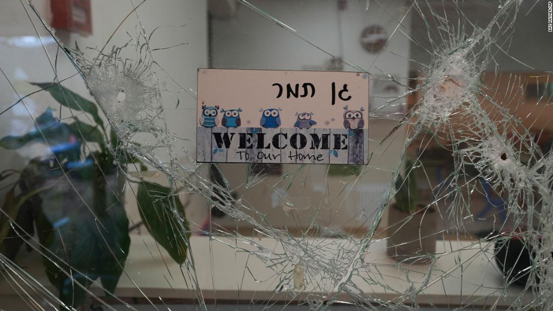 Bullet holes are seen in a cracked window at the entrance of a kindergarten in Be&#39;eri, Israel, on October 11. The self-sustaining farming community near Gaza was &lt;a href=&quot;https://www.cnn.com/2023/10/10/middleeast/israel-beeri-bodies-found-idf-intl-hnk/index.html&quot; target=&quot;_blank&quot;&gt;one of the first places targeted by Hamas militants&lt;/a&gt; on October 7.