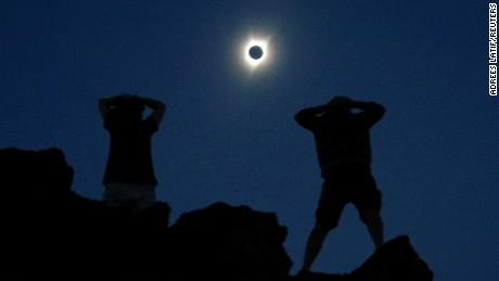 Enthusiasts watch a total solar eclipse near Mitchell, Oregon, on August 21, 2017. 