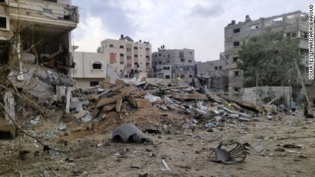 What remains of Maisara Baroud&#39;s building after Israeli airstrikes turned it to rubble.