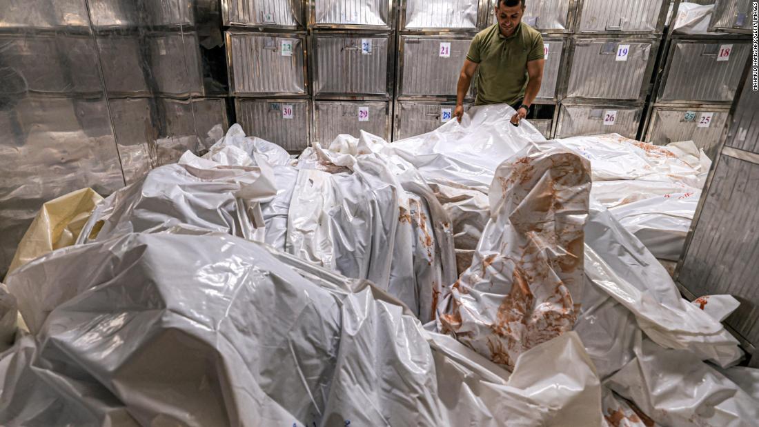 A morgue worker arranges body bags at al-Shifa hospital in Gaza City on October 12.