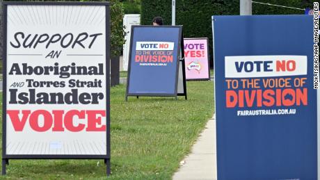 Campaign signs are seen outside the voting centre at Old Parliament House in Canberra, Australia, October 14, 2023.