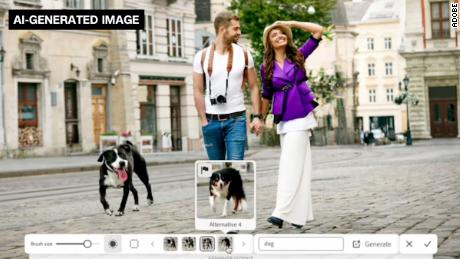 A screenshot of Project Stardust, a tool unveiled as part Adobe&#39;s annual &quot;Sneaks&quot; showcase at Adobe MAX on October 11, at work, using the &quot;generate cutout&quot; tool to place a dog in the image. Project Stardust is labeled by Adobe as a &quot;generative AI-powered object-aware editing engine.&quot;