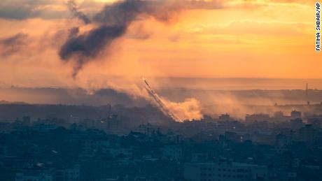 Rockets are fired toward Israel from the Gaza Strip, Saturday, Oct. 7, 2023.