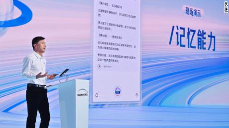 Baidu CEO Robin Li announcing an upgrade of ERNIE Bot, its generative AI chatbot.