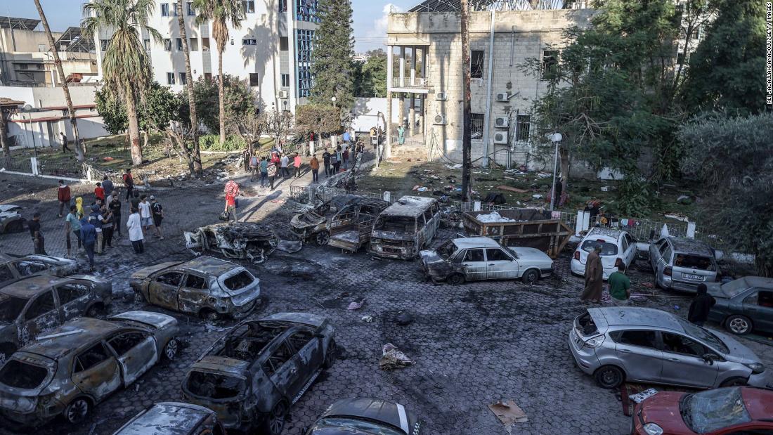 A view shows the aftermath of a &lt;a href=&quot;https://edition.cnn.com/2023/10/18/middleeast/israel-gaza-hamas-war-wednesday-intl-hnk/index.html&quot; target=&quot;_blank&quot;&gt;deadly blast that struck Al-Ahli Baptist Hospital&lt;/a&gt; in Gaza City on October 18. Palestinian officials blamed ongoing Israeli airstrikes for the incident, while a spokesperson for the Israel Defense Forces said a Palestinian Islamic Jihad group is responsible for a &quot;failed rocket launch&quot; that hit the hospital. 